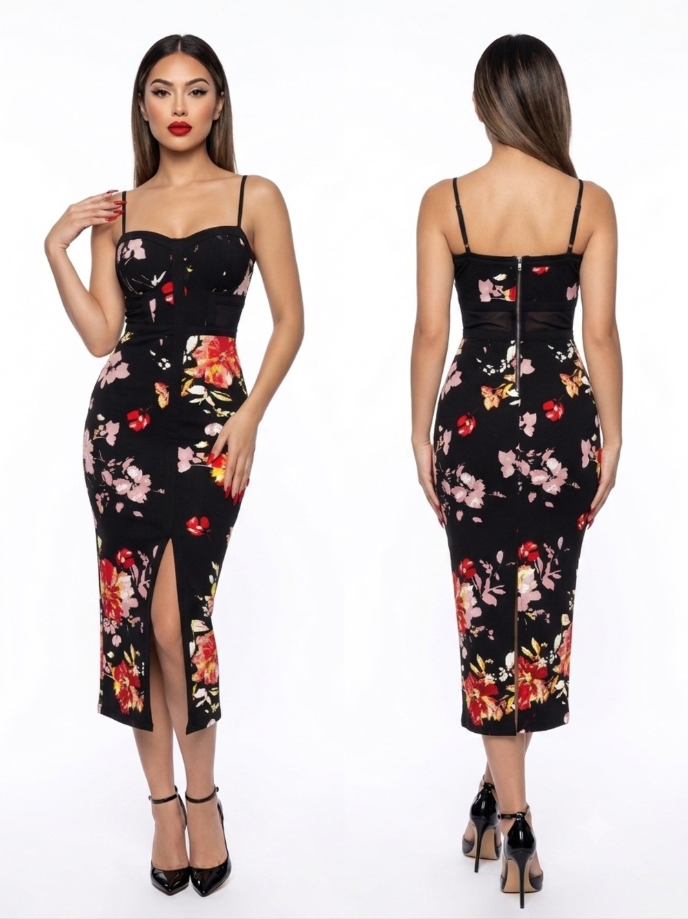 Black Floral Bodycon Midi Dress with Front Slit